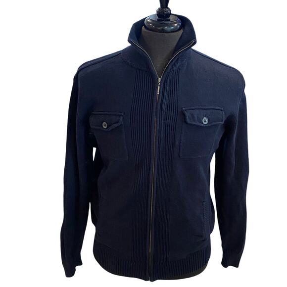 Size Large Thomas Parker Navy Blue Full Zip Sweater Breast Pockets 100% Cotton - Picture 1 of 9